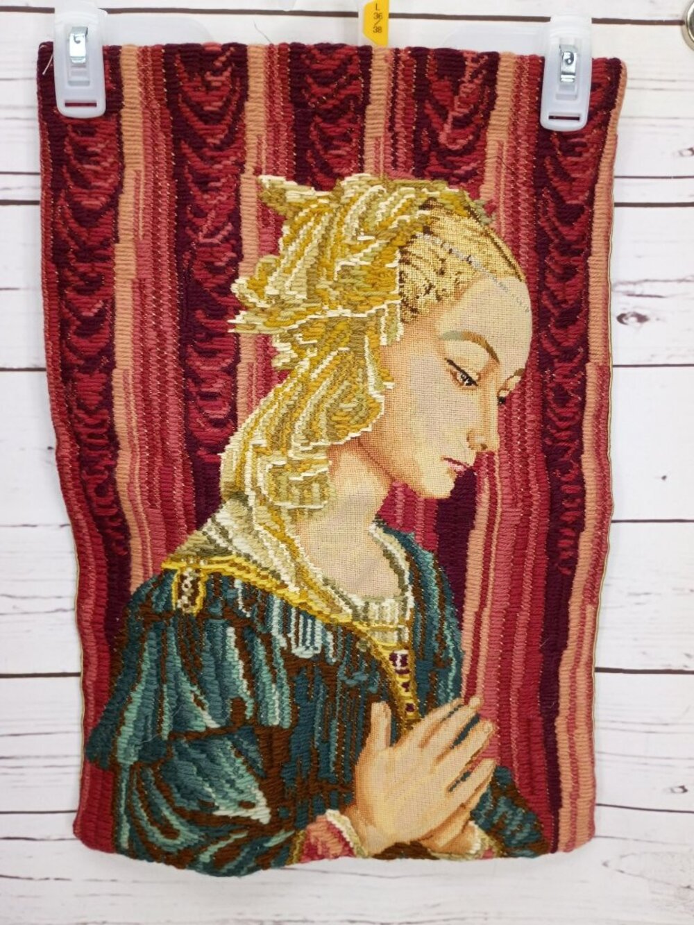 Vintage Needlepoint Virgin Mary Tapestry Wall Art 18"x14" Large Panel Handmade